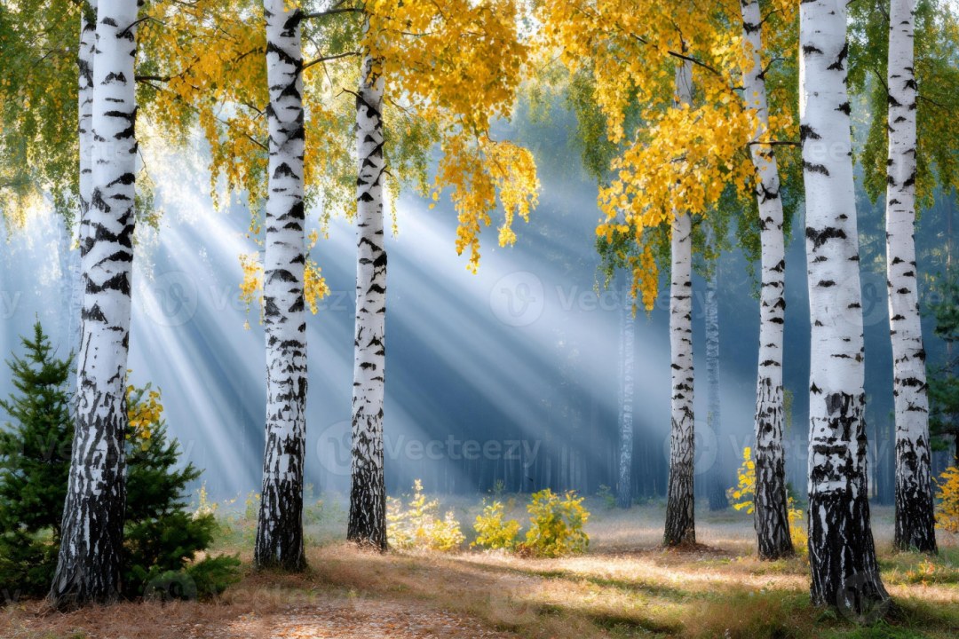 Autumn Mist in Birch Forest